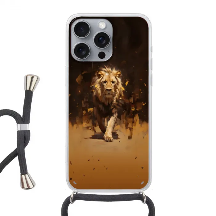 Leeuw - Geschilderd - Abstract - Goud Hoesje iPhone 16 Pro Max met koord klein -3d