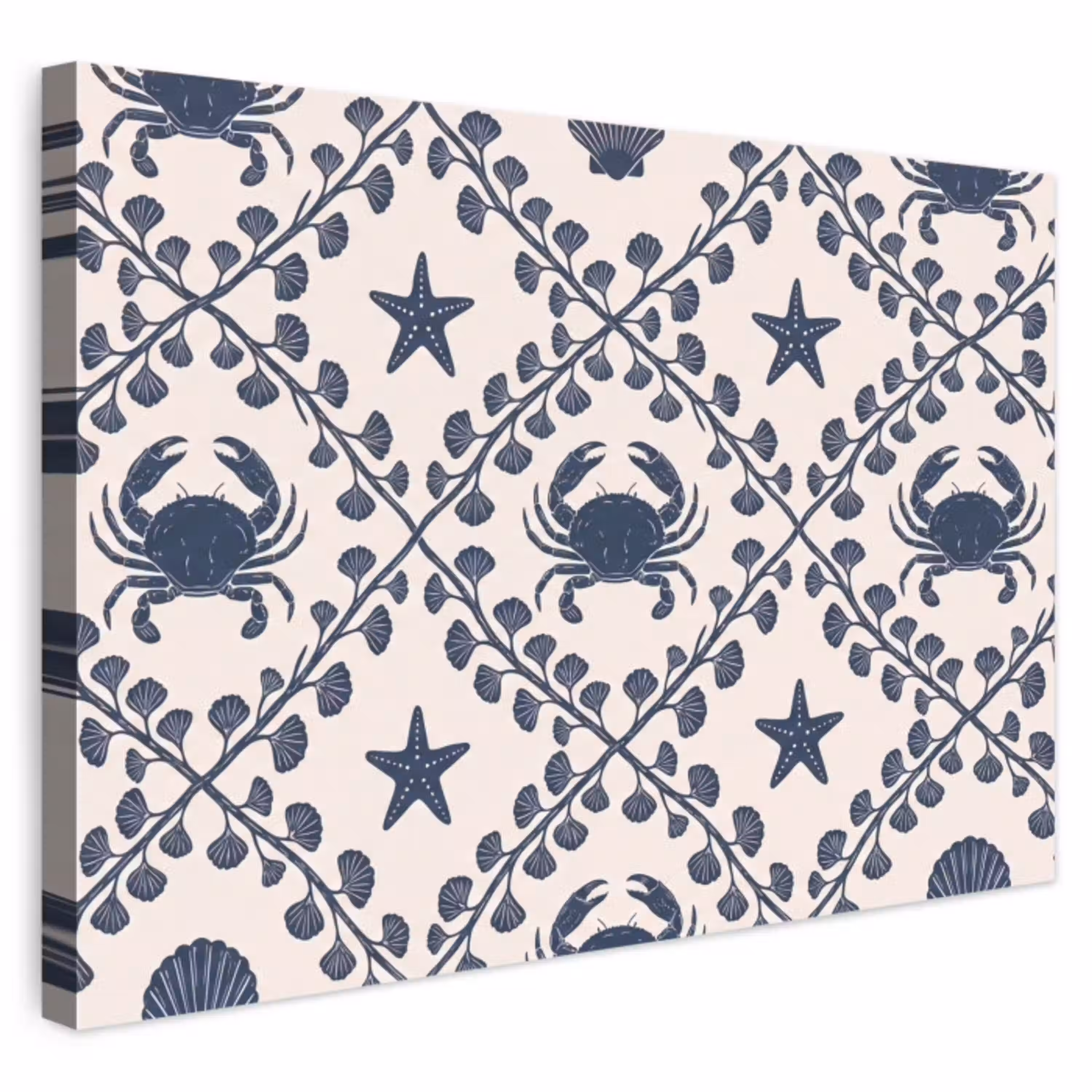 Zee - Krab - Zeester - Patroon - Blauw Tuinposter op houten frame 2 cm dik klein -3d