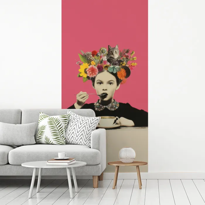 Meisje - Kopje - Bloemen - Roze fotobehang vinyl groot -woonkamer