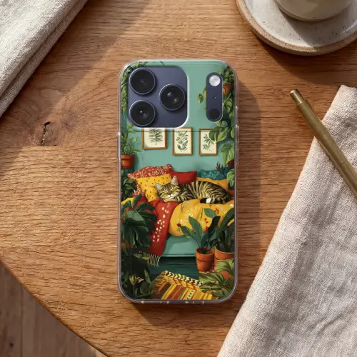 Kat - Planten - Groen Telefoonhoesje iPhone 17 Pro klein -sfeer1
