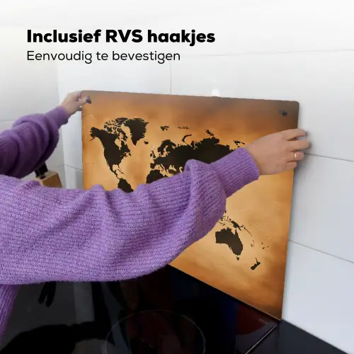 Wereldkaart - Bruin - Kaart Inductie beschemer met haakjes klein -ky-ophangen-nl
