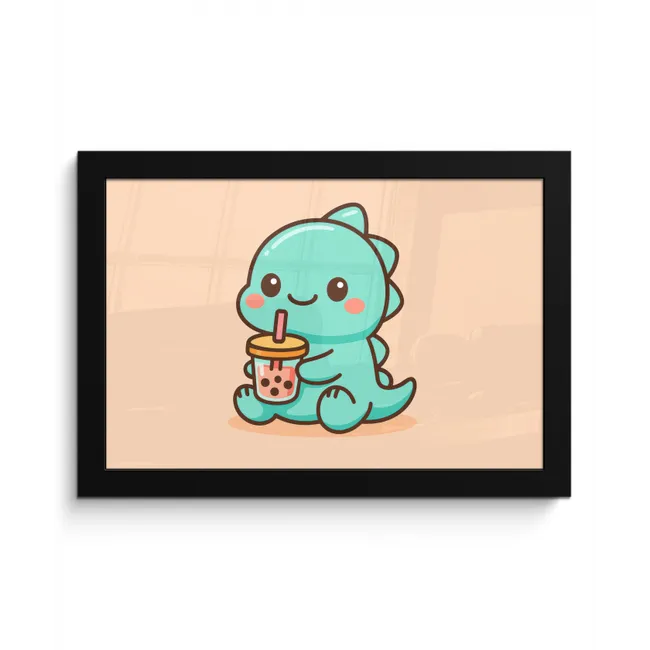 Dino - Boba - kawaii - Oranje fotolijst zwart zonder passe partout klein -3d