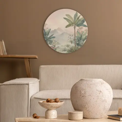Tropisch landschap - palmbomen - Bloemen - Roze lucht Akoestische PET Vilt - Rond klein -sfeer1