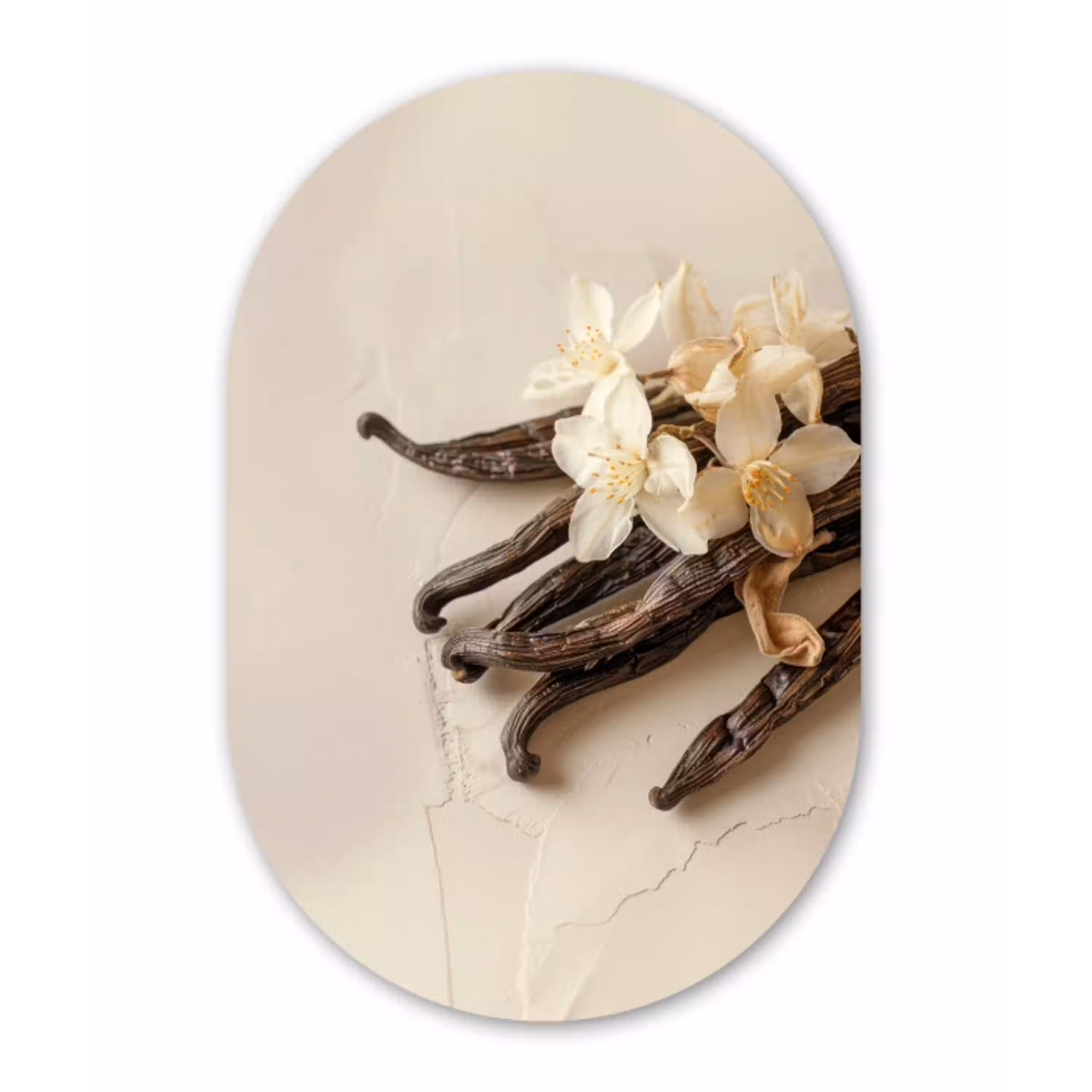 Vanille - Bloemen - Beige Wandcirkel Ovaal Glas middel -3d