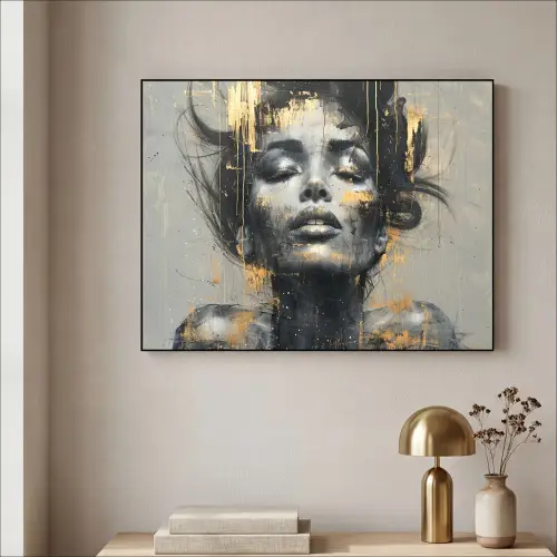 Vrouw - Kunst - Goud - Abstract - Glamour Textielframe zwart klein -sfeer2