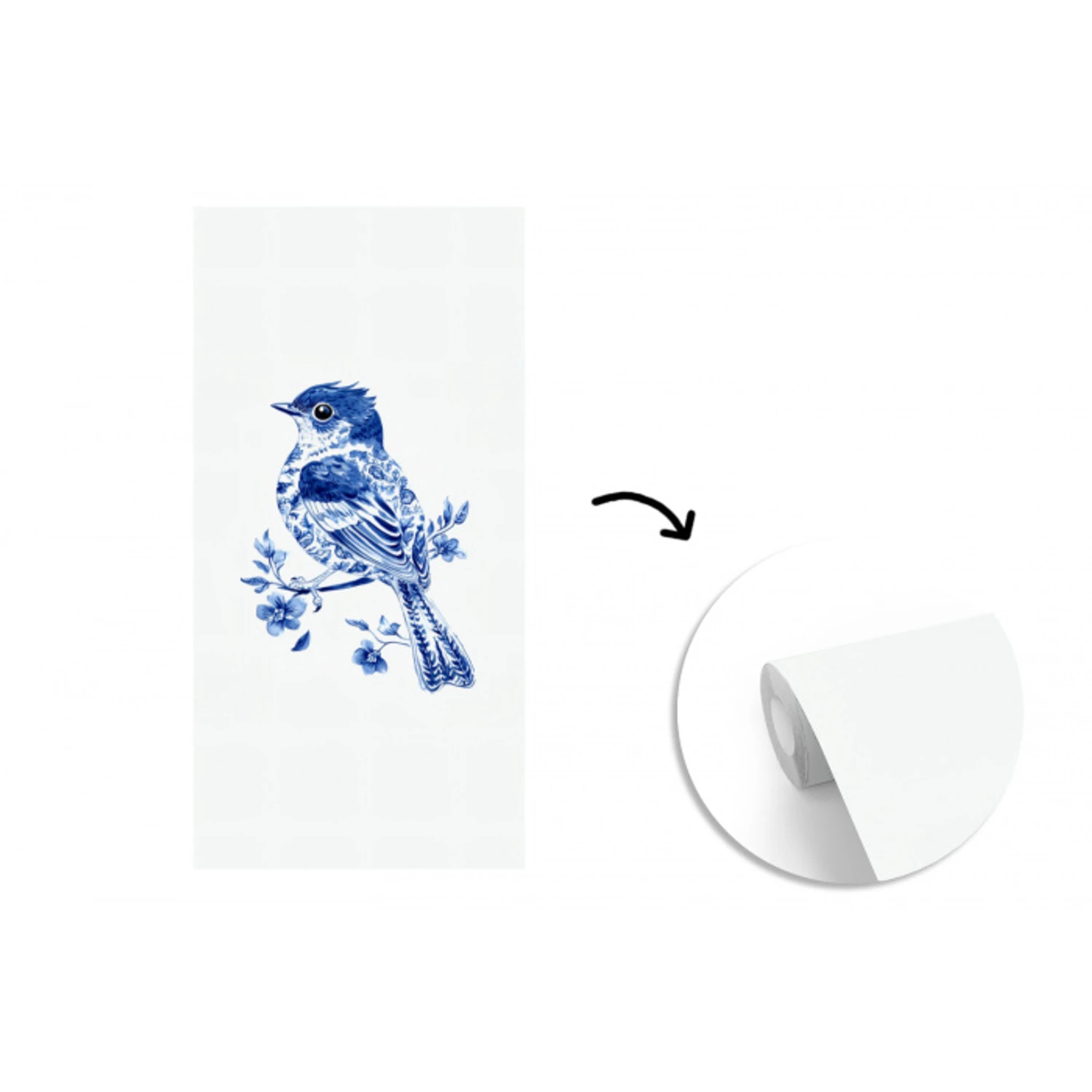 Vogel - Delfts blauw - Illustratie - Bloemen fotobehang vinyl groot -3d