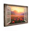 Doorkijk - Klaprozen - Bloemen - Rood - Open raam Tuinposter op houten frame 2 cm dik klein -3d