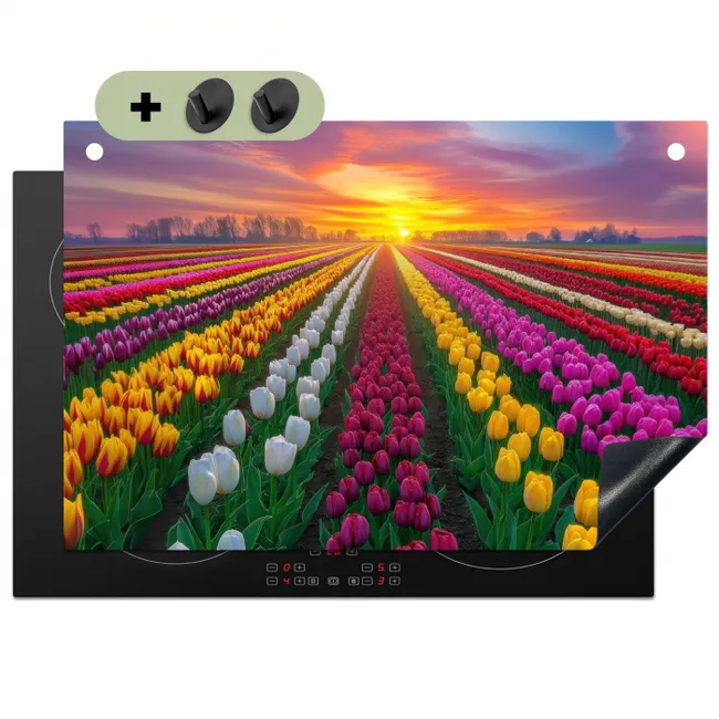 Tulpenveld - Zonsondergang - Kleurrijk Inductie beschemer met haakjes klein -3d