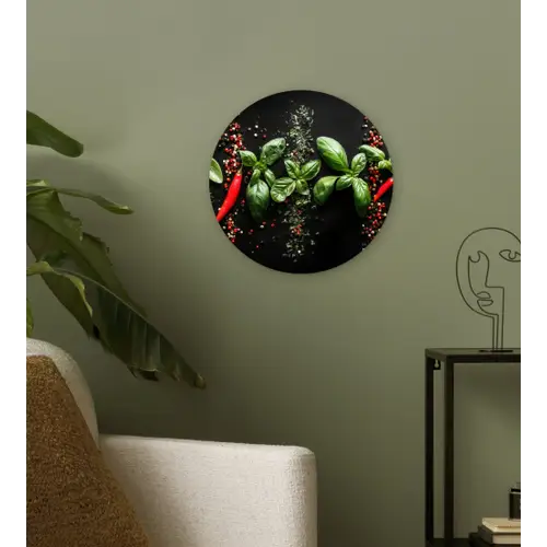 Chilipepers - Basilicum - Blaadjes - Rood Wandcirkel kunststof plaat 5mm dik klein -sfeer3