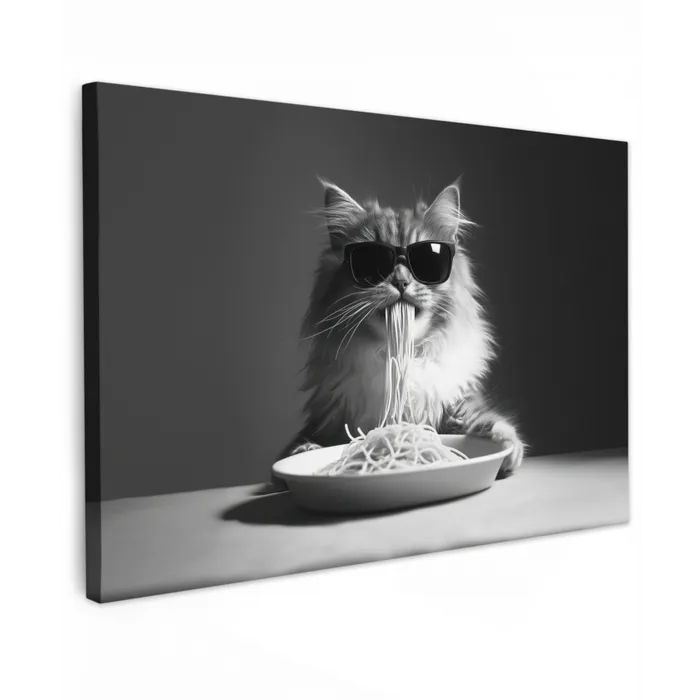 Langharige kat - Zonnebril - Spaghetti - Humor - Zwart - wit canvas 2cm klein -z3d