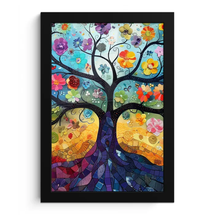 Kunst - Levensboom - Bloemen - Hippie fotolijst zwart zonder passe partout klein -3d