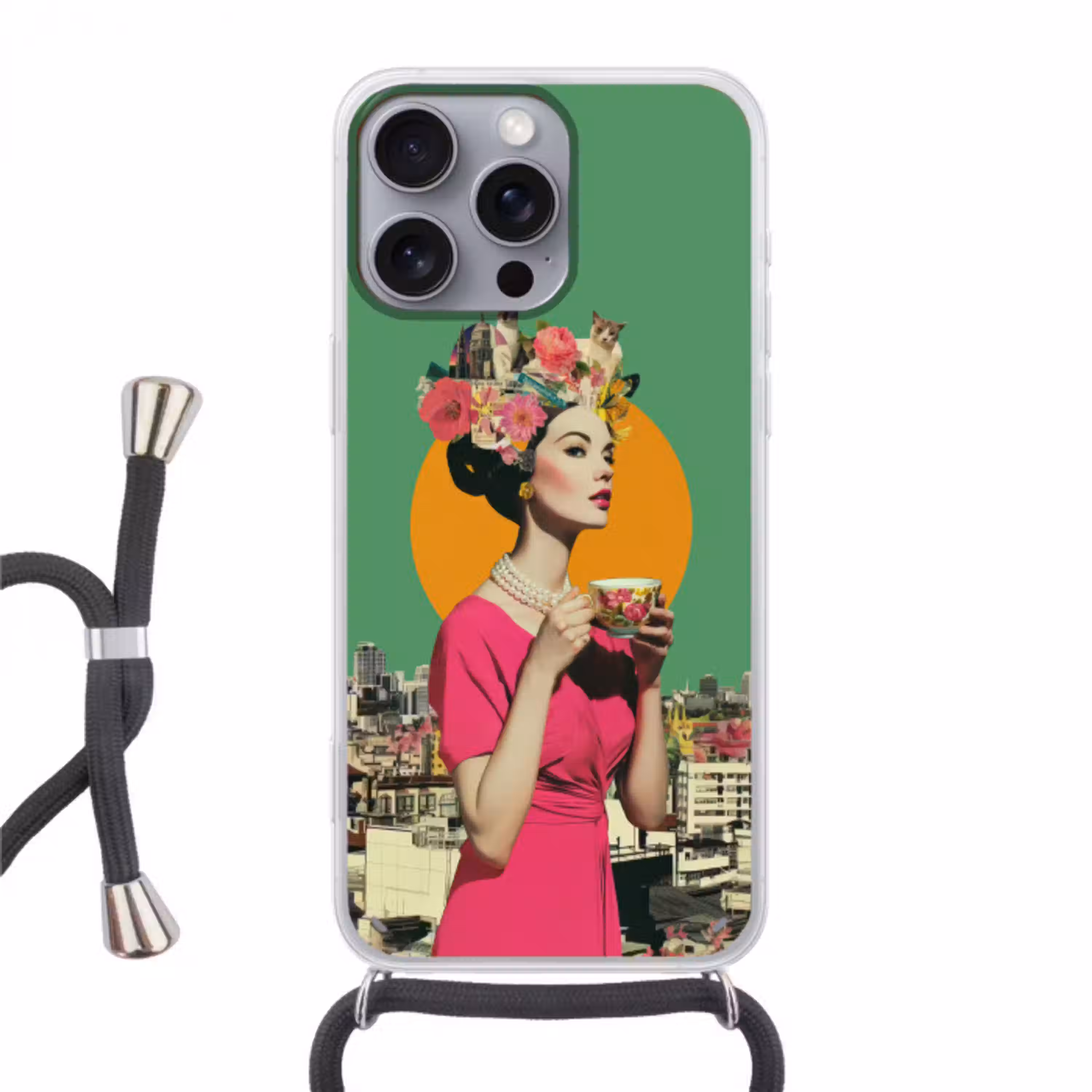 Retro - Vrouw - Stad - Zon Hoesje iPhone 16 Pro Max met koord klein -3d