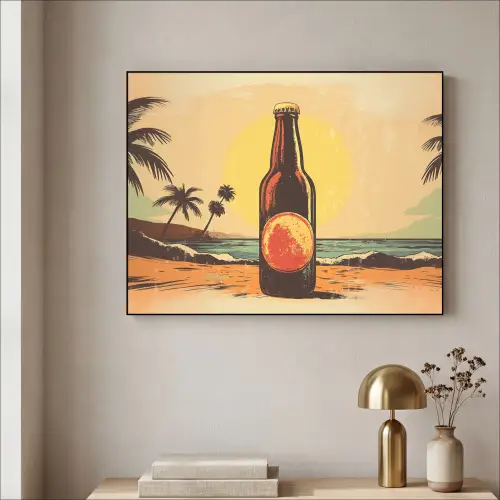 Bierfles - Zonsondergang - Palmbomen - Zee Textielframe - compleet frame klein -sfeer2