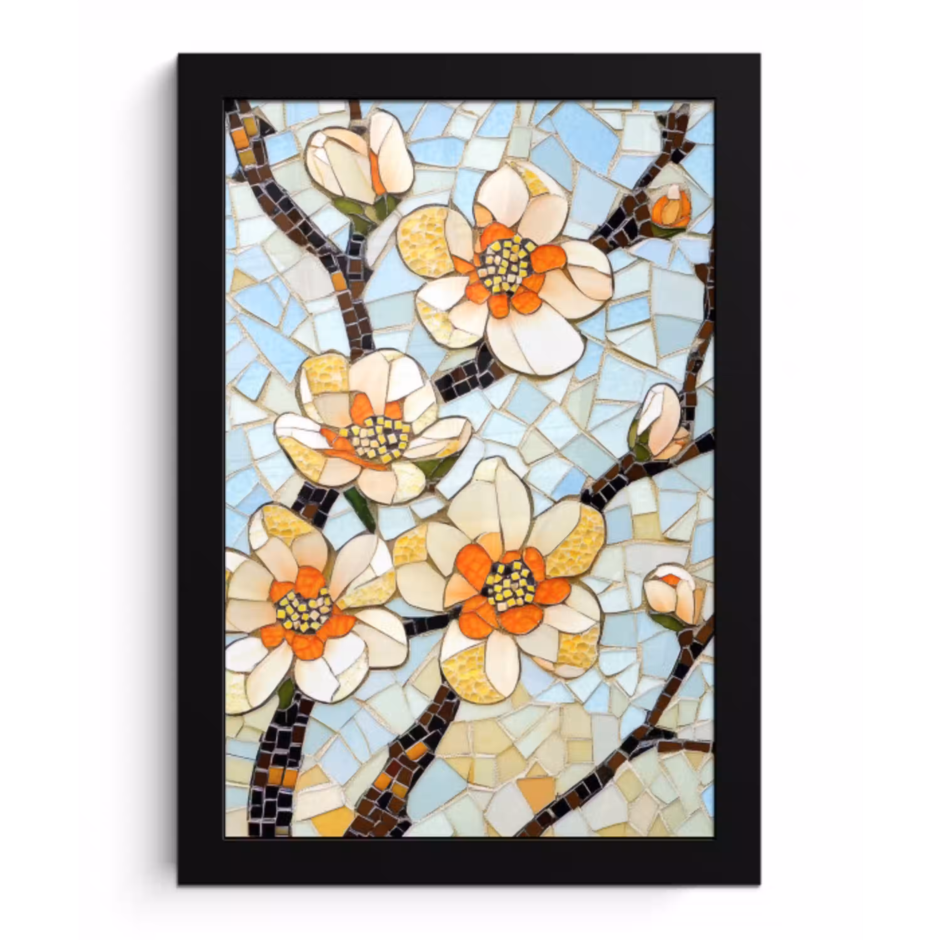 Bloesems - Wit - Mozaïek - Tak fotolijst zwart zonder passe partout klein -3d