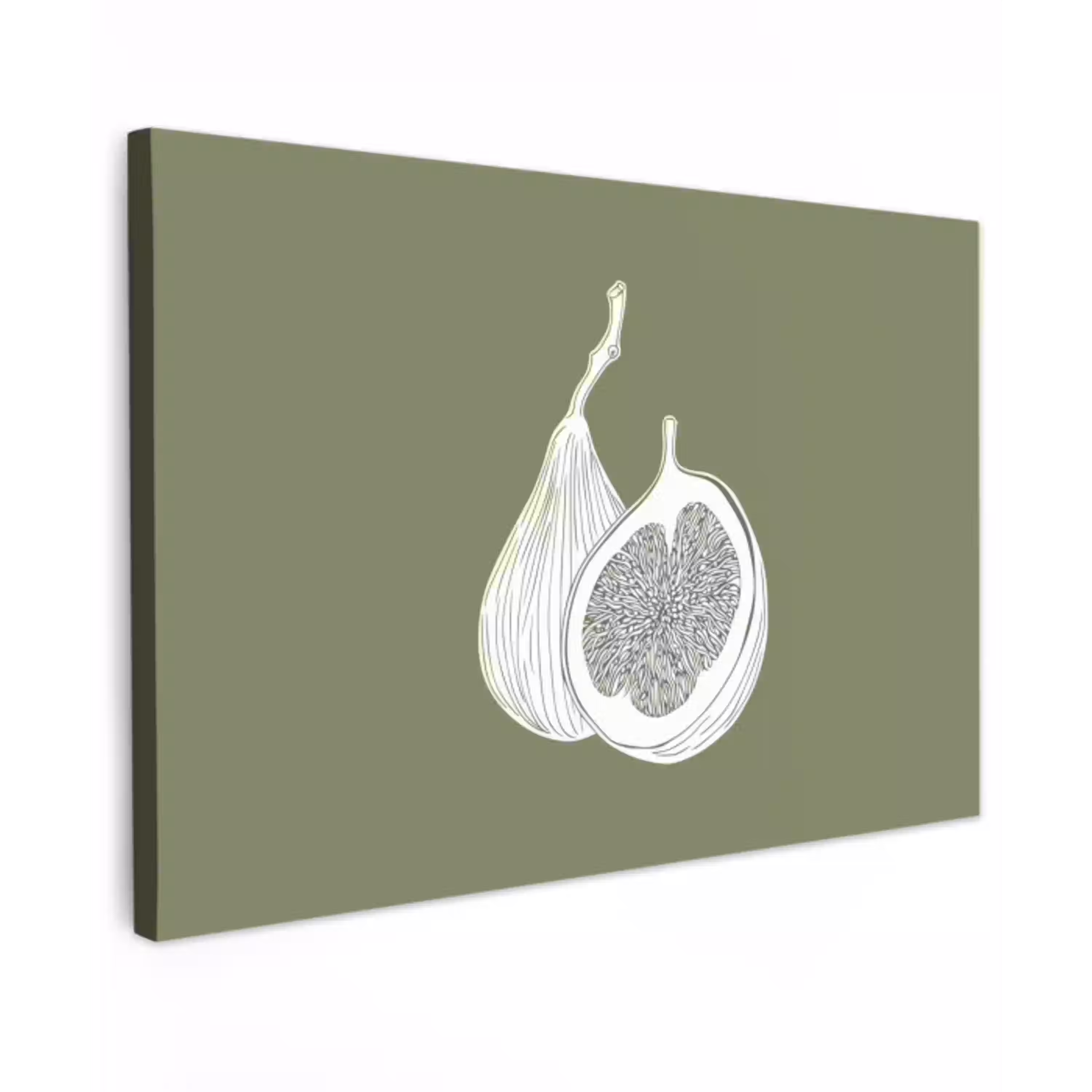 Vijgen - Minimalistisch - Getekend - Mosgroen Tuinposter op houten frame 2 cm dik klein -3d