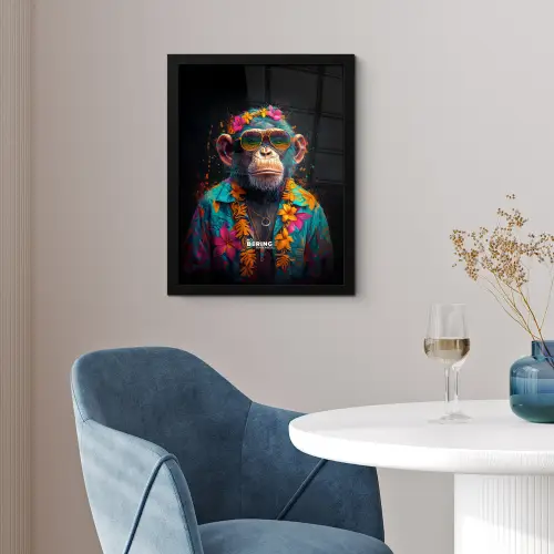 Chimpansee met Hawaii blouse fotolijst zwart zonder passe partout klein -sfeer4