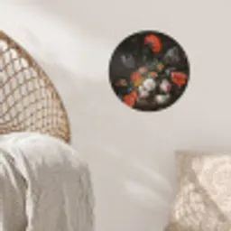 Stilleven met bloemen en een horloge - Schilderij van Abraham Mignon Wandcirkel behangsticker klein -sfeer4