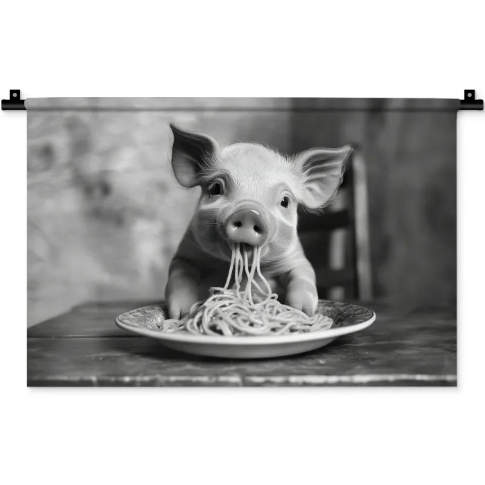 Varken - Schattig - Spaghetti - Zwart wit - Dier Wandkleed katoen klein -zz3d
