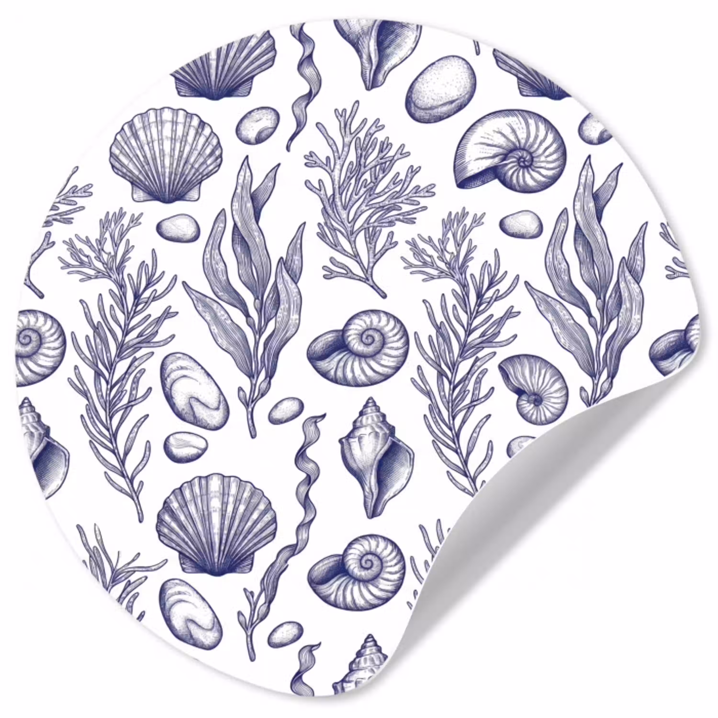 Schelpen - Zeewier - Oceaan - Illustratie - Blauw Wandcirkel behangsticker klein -3d