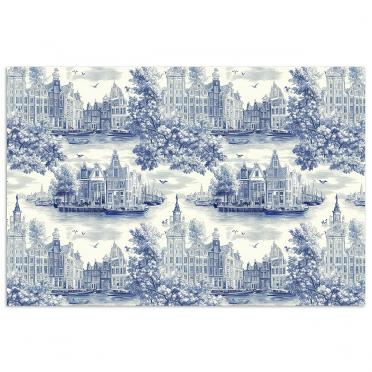 Huizen - Bomen - Water - Vogels - Blauw poster papier klein 62 -3d