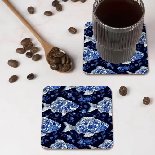 Vissen - Bloemen - Blauw onderzetter kurk middel 366 -sfeer2