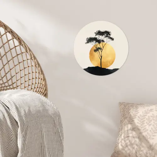Zwarte boom - Gouden cirkel - Heuvel Wandcirkel behangsticker klein -sfeer4