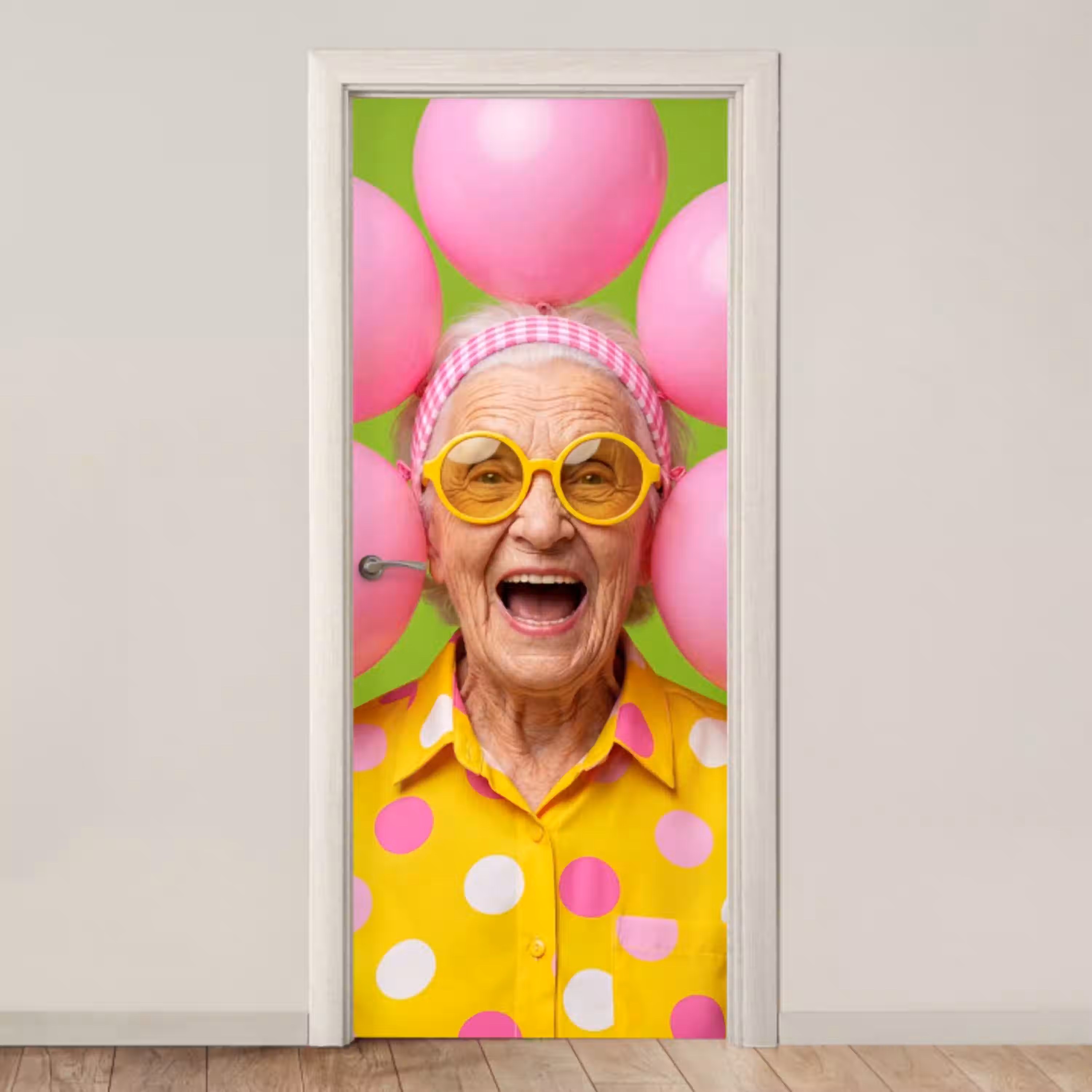 Mens - Ballonnen - Feest - Kleurrijk - Roze deurposter klein -3d_beige