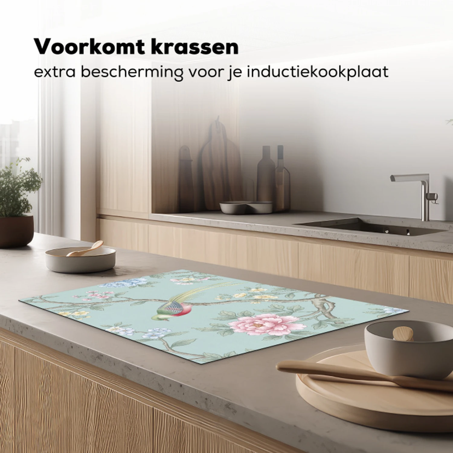 Vogel - Bloemen - Kleurrijk Inductie beschermer vinyl 3mm klein -sfeer1