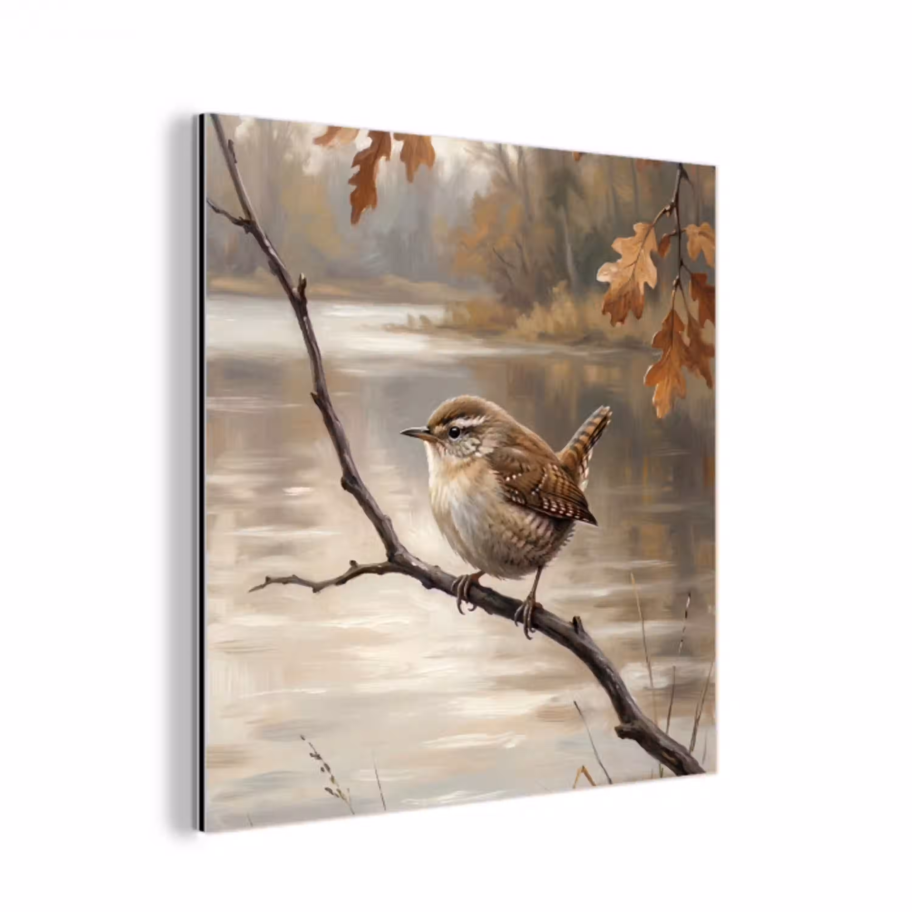 Winterkoninkje - Tak - Rivier - Natuur - Sfeervol aluminium wit klein -3d