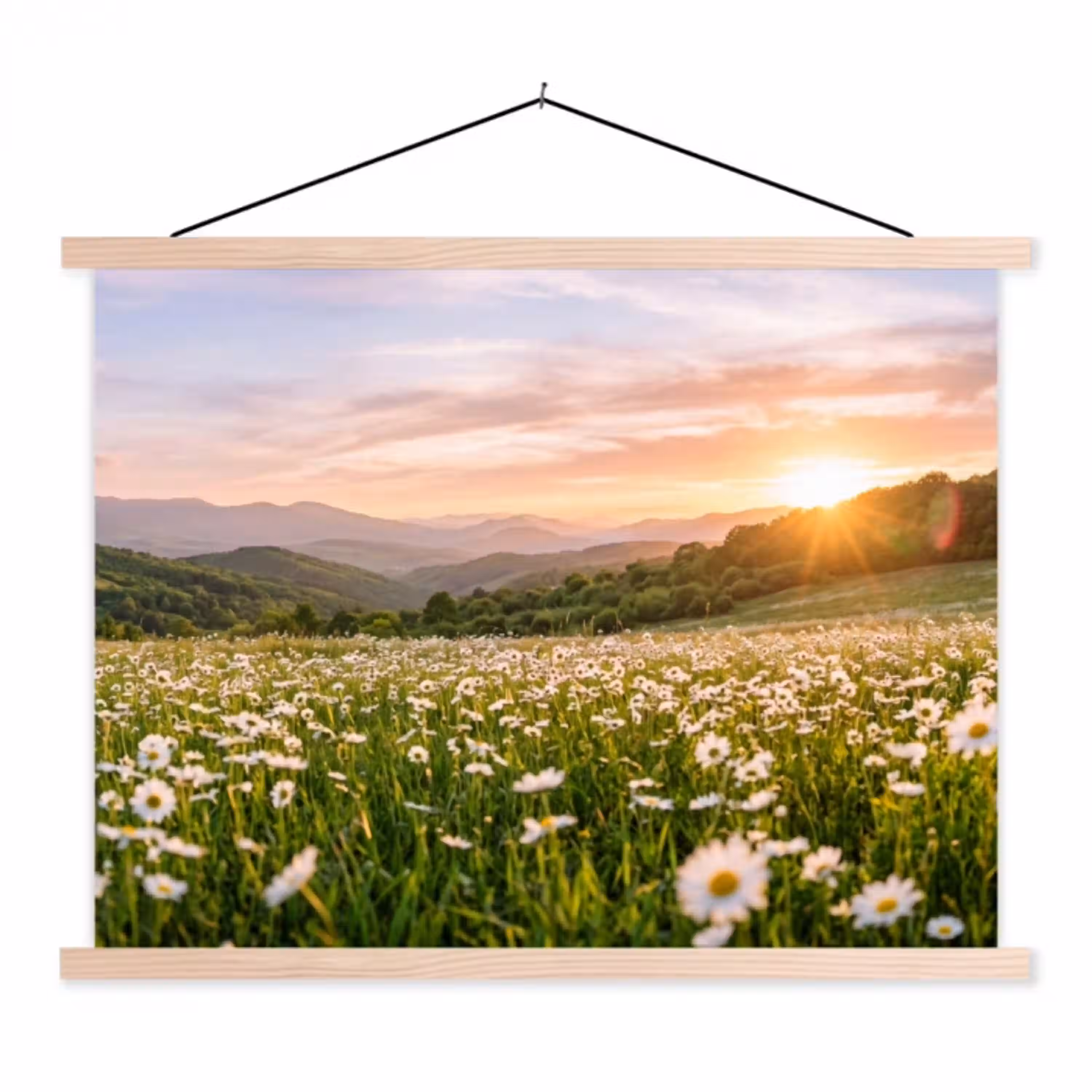 Madelief - Veld - Heuvels - Groen textielposter latten blank klein -3d