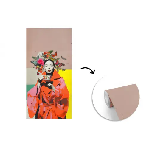 Retro - Vrouw - Kopje - Vlinders fotobehang vinyl groot -3d
