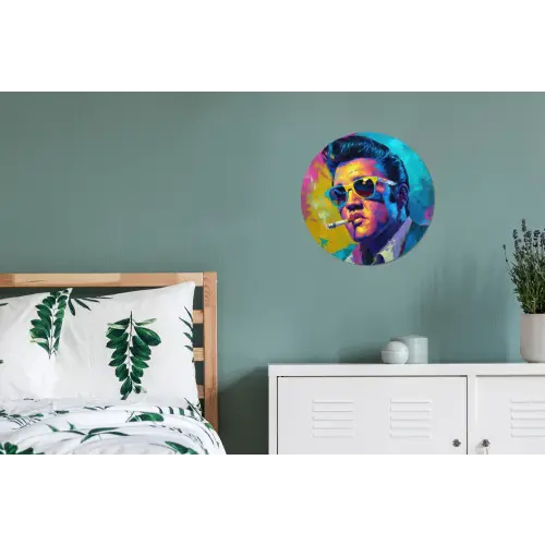 Portret - Sigaret - Kleurrijk - Bril Wandcirkel aluminium klein -slaapkamer