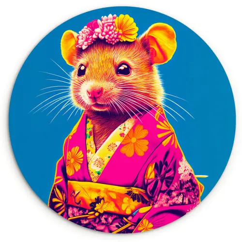 Muis - Kimono - Bloemen - Blauw Wandcirkel kunststof plaat 5mm dik klein -3d