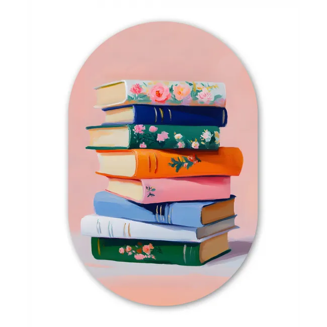 Boeken - Stapel - Kleurrijk Wandcirkel Ovaal Glas middel -3d