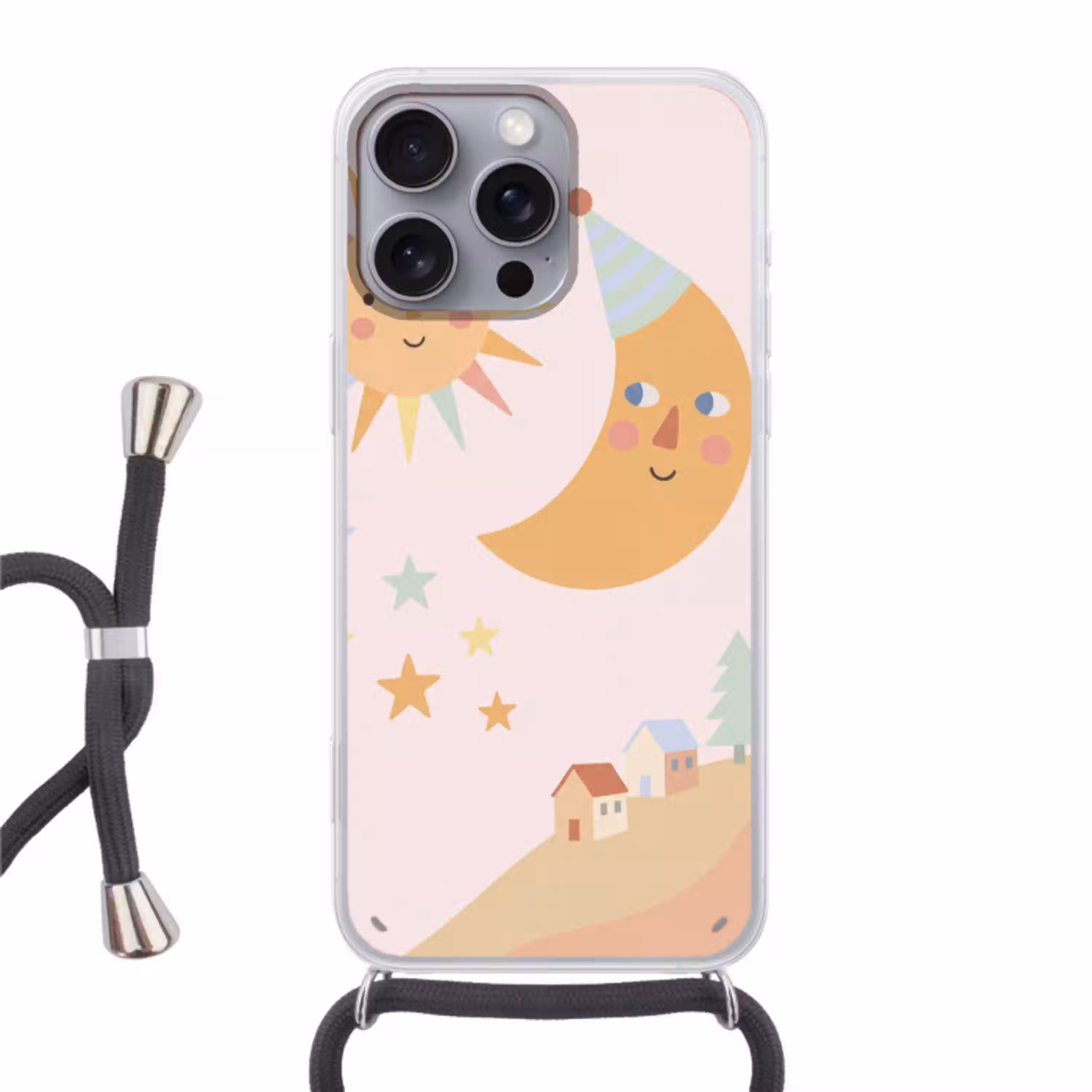 Zon - Maan - Sterren - Kinderkamer - Pastel Hoesje iPhone 16 Pro Max met koord klein -3d