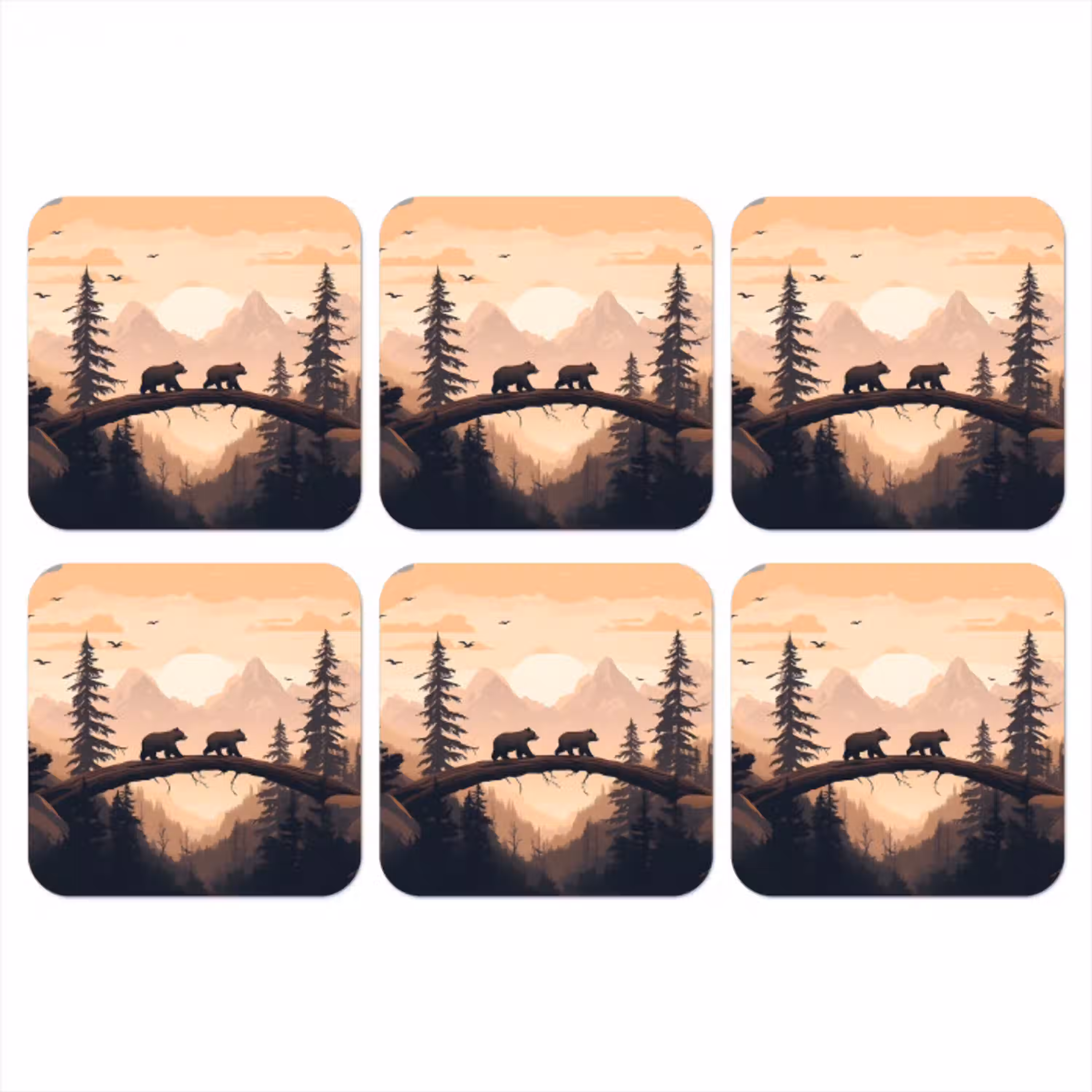 Beren - Bomen - Landschap - Zonsondergang onderzetter kurk middel -3d