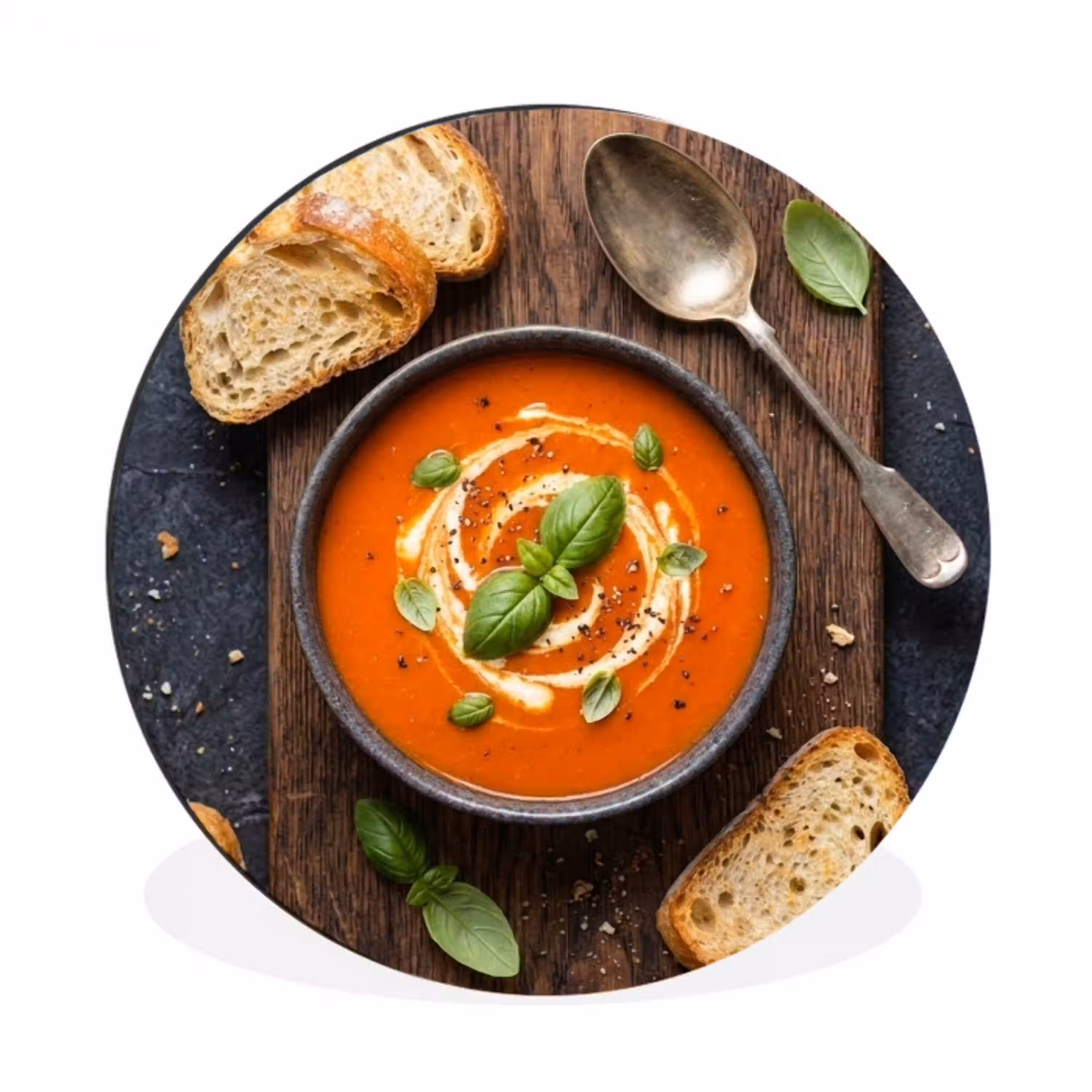 Eten - Soep - Basilicum - Rustiek - Rood Wandcirkel aluminium klein -3d