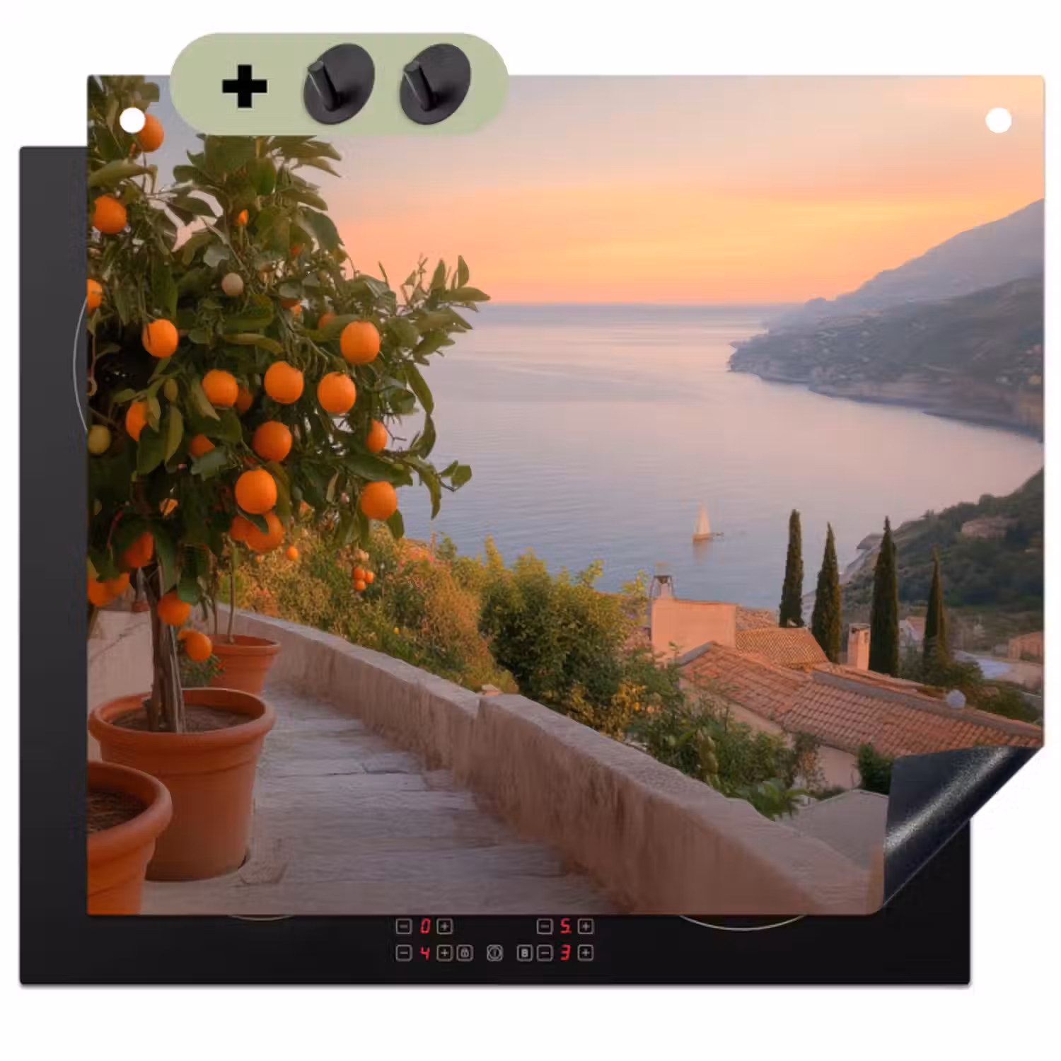 Induction Hob Cover & Splashback (2-in-1) - Mediterranean sea - Orange - Hills - Sea
