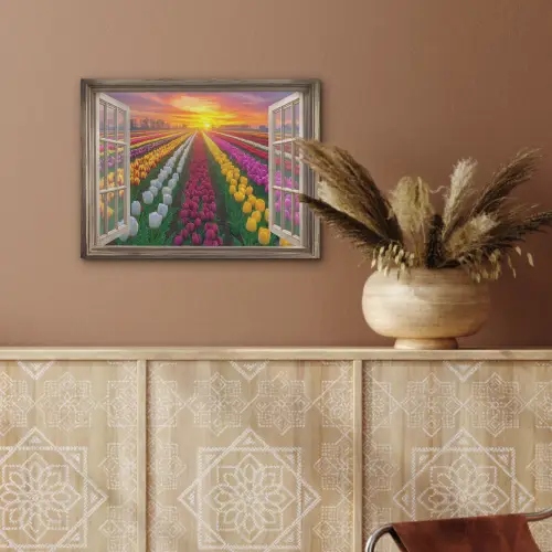 Doorkijk - Bloemen - Tulpen - Kleurrijk - Zonsondergang PET vilt klein -sfeer4