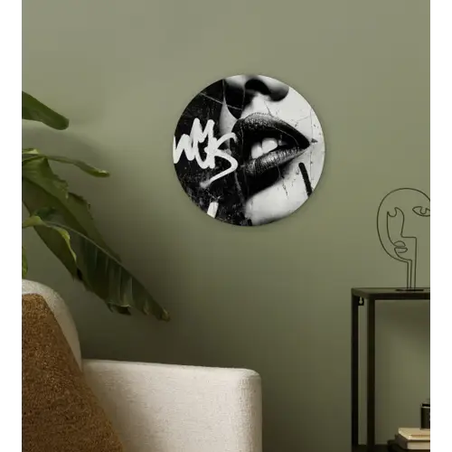 Gezicht - Mond - Graffiti - Zwart Wandcirkel kunststof plaat 5mm dik klein -sfeer3