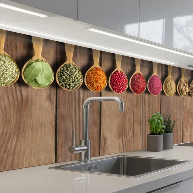 Lepels - Kruiden - Hout keuken achterwand 2 middel -3d_schuin