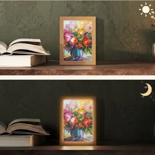 Bloemen - Kleurrijk - Bloempot - Olieverf Light Box met kabel (Tafellamp) klein -sfeer3