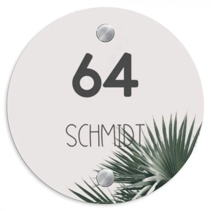 Lichtroze met palmblad - Modern Naambord Rond klein -3d
