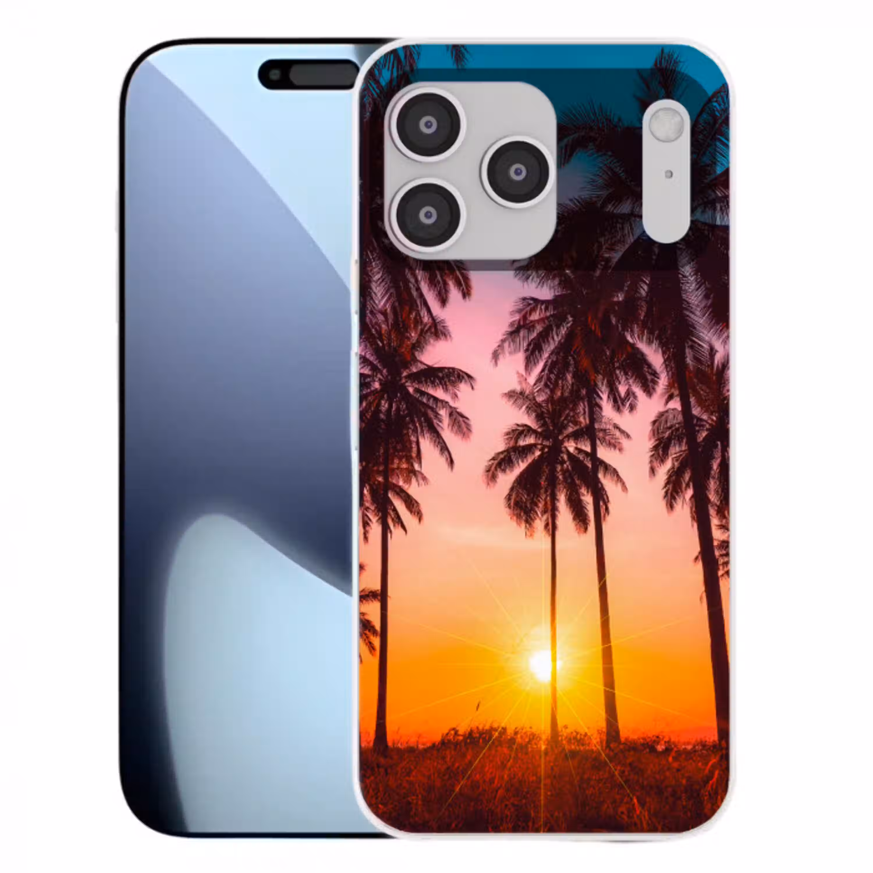 Palmboom - Zonsondergang - Horizon - Strand - Oranje - Roze Telefoonhoesje iPhone 17 Pro Max klein -3d
