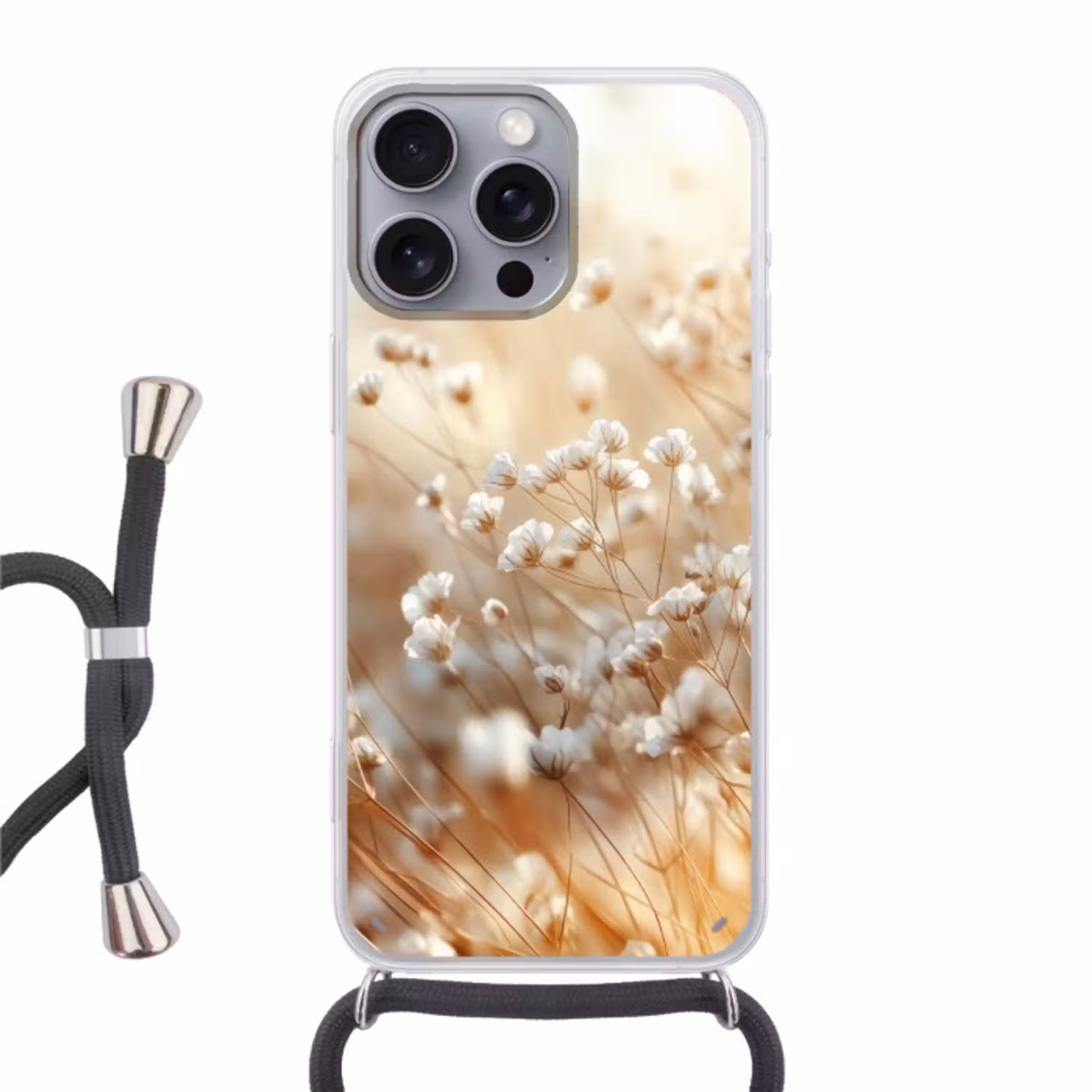 Wilde - Bloemen - Wit Hoesje iPhone 16 Pro Max met koord klein -3d