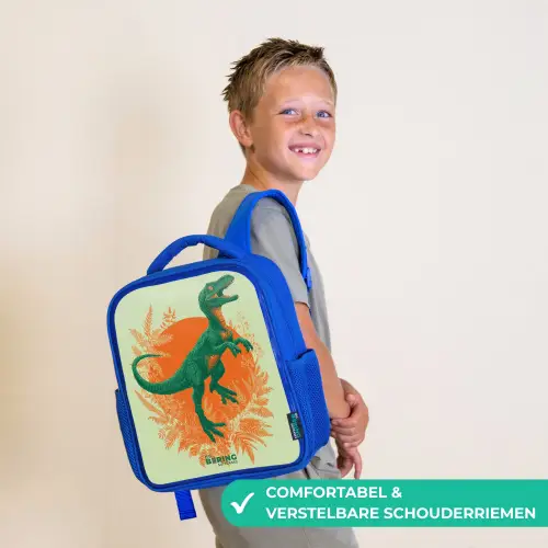Groene dino tussen varens Kinderrugzak - Blauw middel -sfeer3_NL