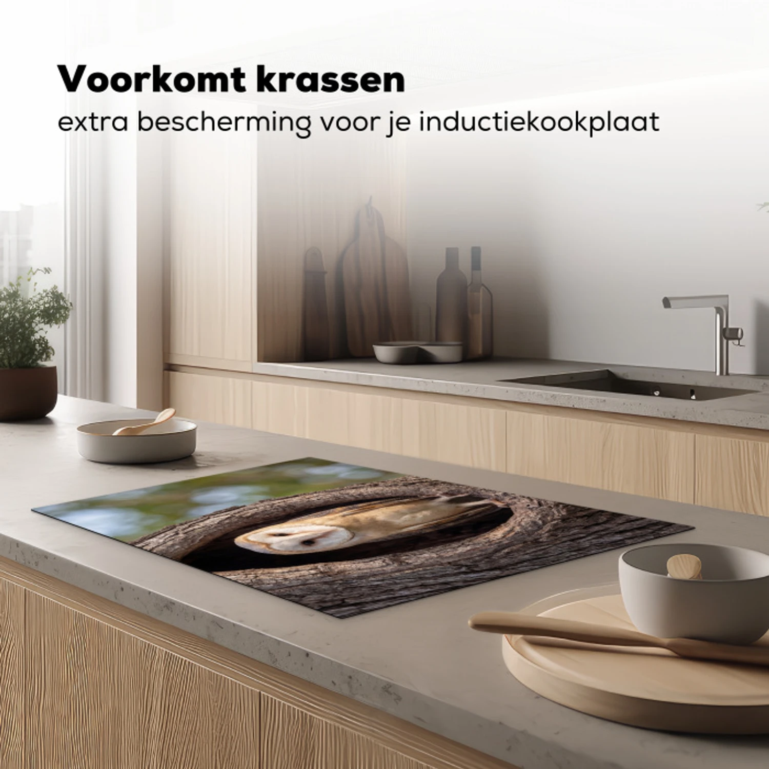Kerkuil - Boom - Natuur - Bruin Inductie beschermer vinyl 3mm klein -sfeer1