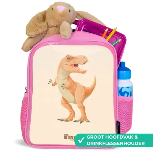 T-rex dino in oranje kleuren Kinderrugzak - Roze middel -inhoud_NL