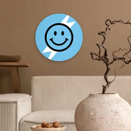 Smiley - Blauw - Bliksem Wandcirkel kunststof plaat 5mm dik klein -sfeer1