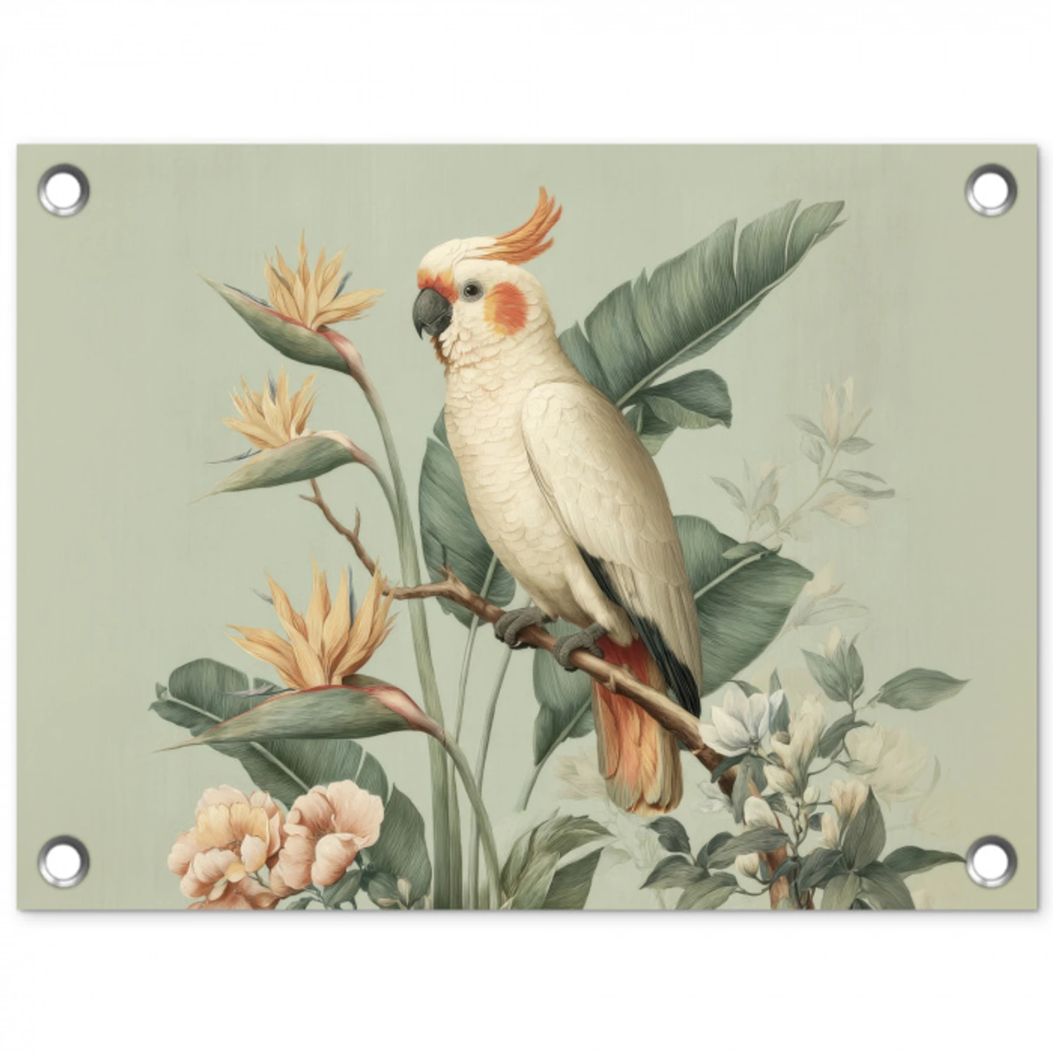 Gele kuifkaketoe - paradijsvogelbloemen - Groen tuinposter los doek klein -3d
